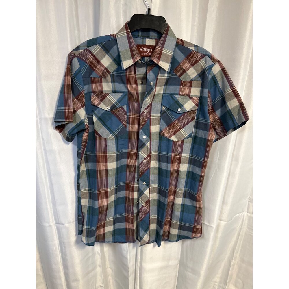 Wrangler Shirt Men's Med Vintage Red & Blue Plaid Pearl Snap Short Sleeve